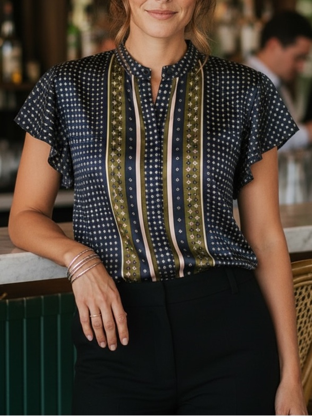 Ann Taylor Navy Silky Scarf-Print Flutter Sleeve Blouse
